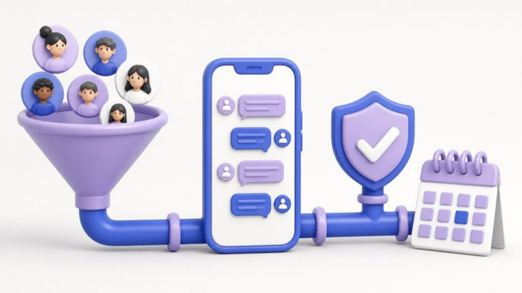 3D illustration of an Instagram outreach workflow: prospect funnel, personalised DMs, account safety shield and follow up calendar